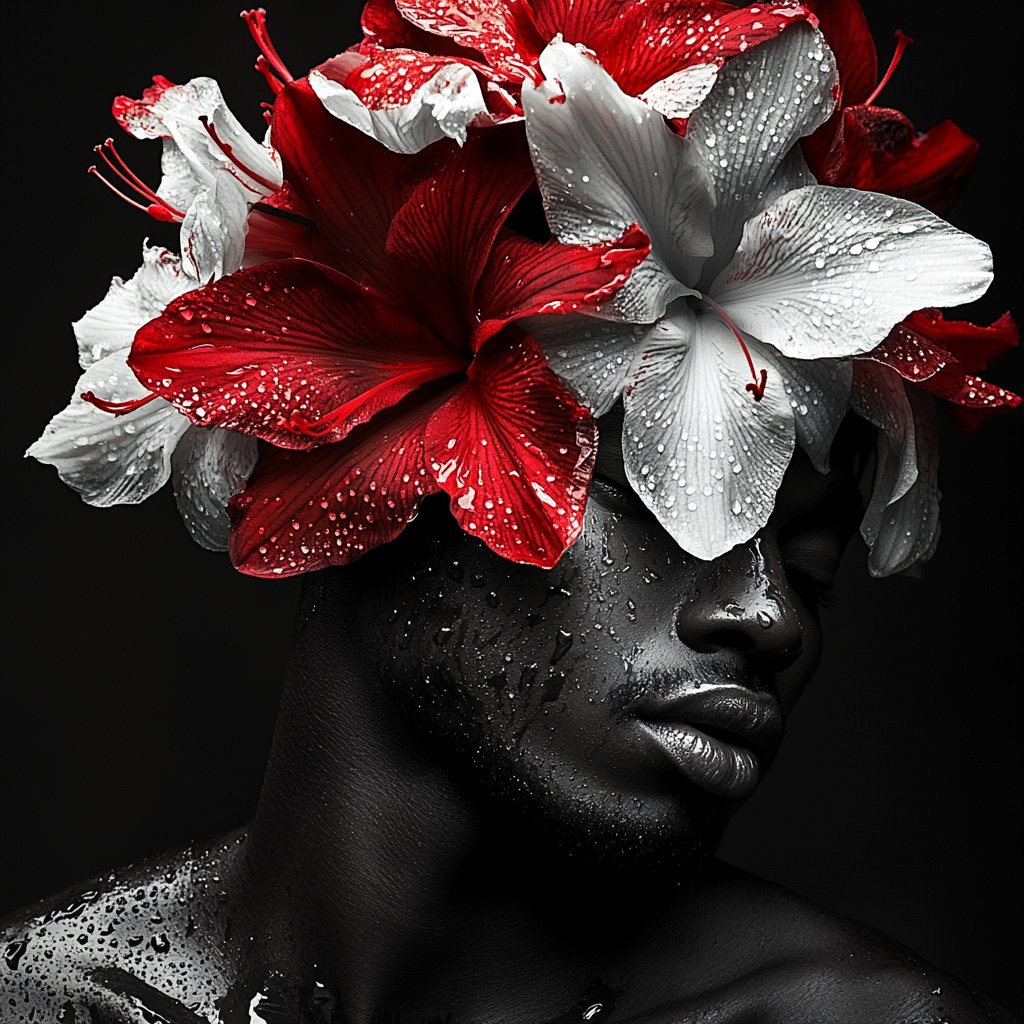 Retrato artístico com flores carmim — obra do Rostro Étnico Atelier