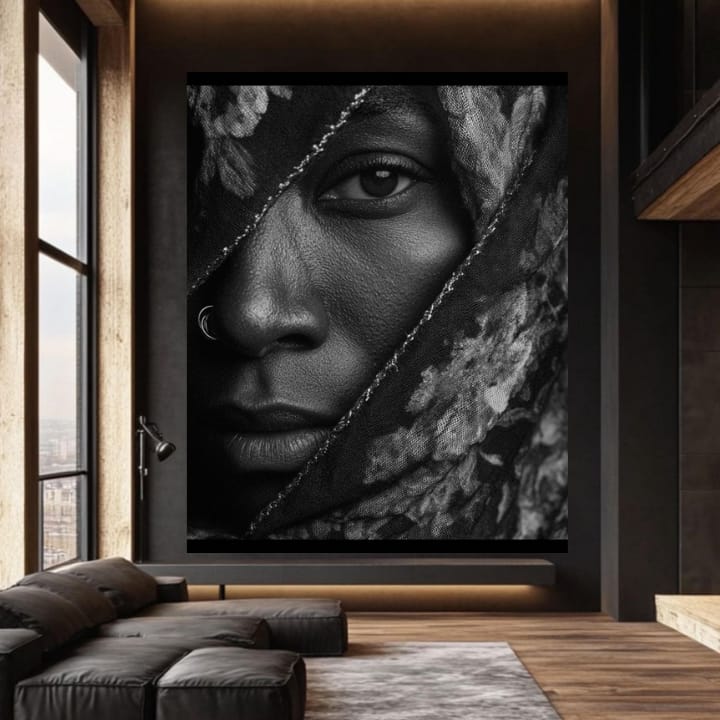 Retrato artístico com véu bordado em canvas, em ambiente contemporâneo